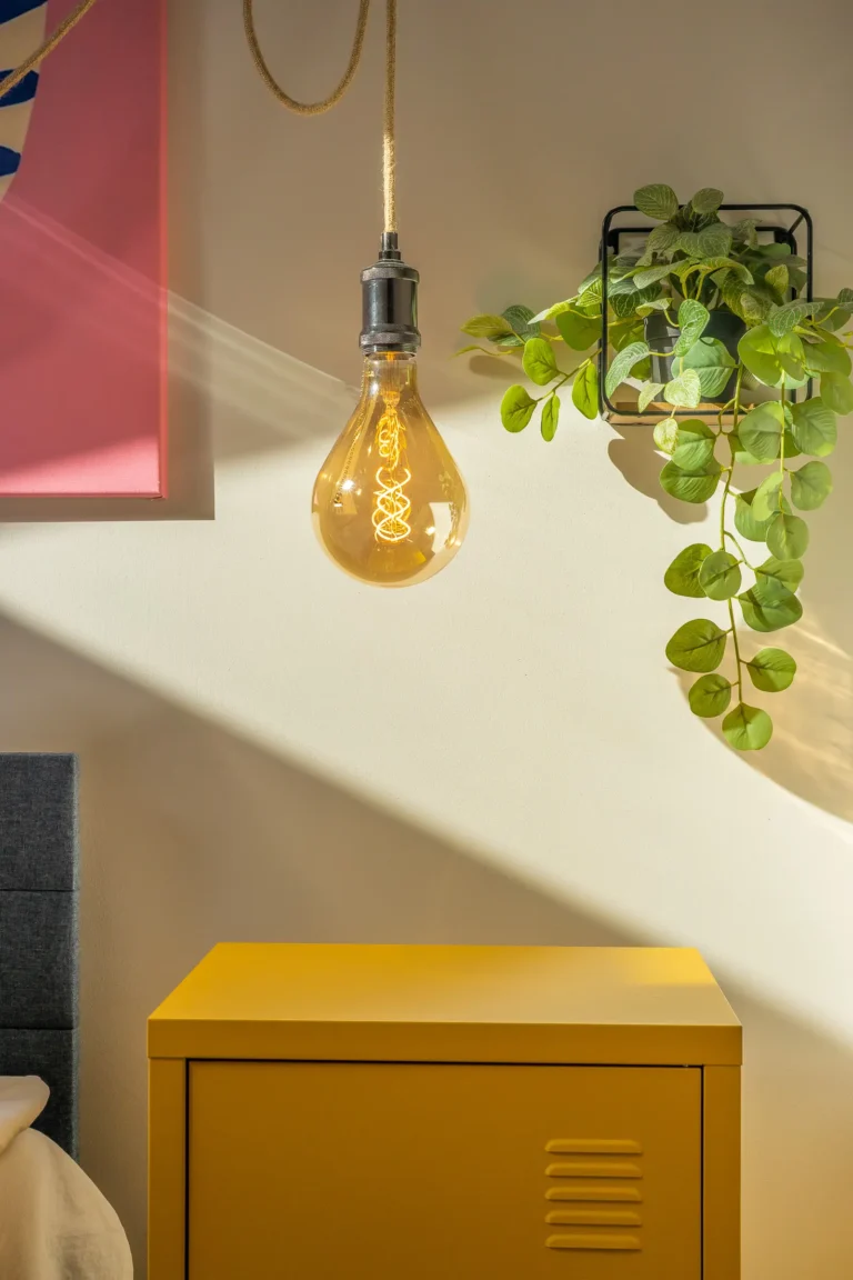 Ozdobna żarówka i zielony kwiatek wiszą nad zółtą szafką nocną w promieniach słońca.