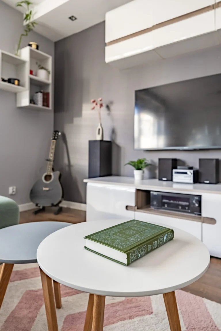 Zielona książka leży na stoliku kawowym w salonie na tle mebli i telewizora.